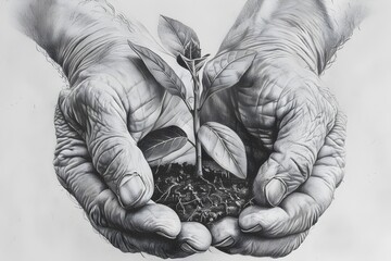 Detailed Drawing of Hands Holding a Plant in Graphite Realism Style