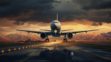 A plane taking off from an airport - obrazy, fototapety, plakaty