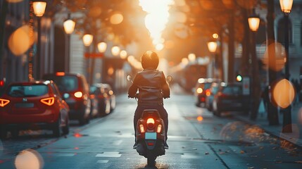 Person on a scooter traveling through city streets in the sunlight. Concept Scooter, City Streets, Sunlight, Urban Transportation, Travel - obrazy, fototapety, plakaty