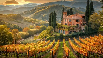 An idyllic Tuscan villa sits atop rolling hills, surrounded by the rich colors of autumn vineyards as the sun sets in the distance.