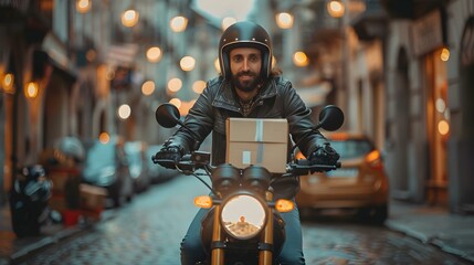 Motorcycle rider delivering packages and food items on city streets. Concept Food Delivery, Motorcycle Rider, Urban Streets, Delivery Services, City Transportation