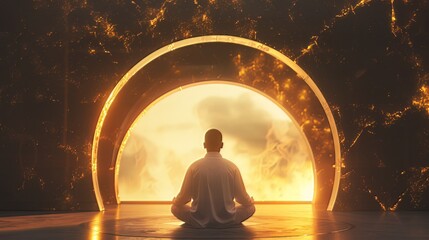 ramadan-themed composition featuring a metallic arch with stone texture forming the shape. in the center, a silhouette of a muslim man in a white shirt is captured in prayer, creating a reverent  - obrazy, fototapety, plakaty