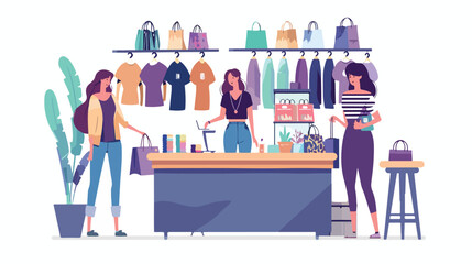 Female customers shopping in clothes shop Flat vector