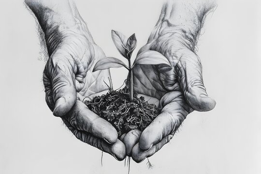 Hands Holding Small Plant in Outdoor Illustration