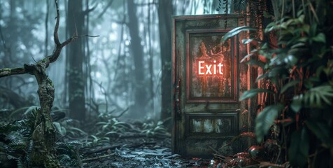 An enigmatic door with a bright red 'Exit' sign stands alone among the twisted trees and dense fog of a seemingly impenetrable jungle.