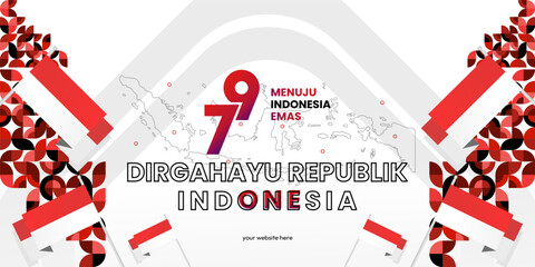 Indonesian Independence Day background in geometric style. Happy 17 august, 79th Indonesian National Day greetings banner with typography. Dirgahayu Republik Indonesia. Vector Illustration