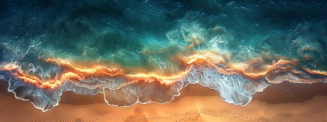 a green desert and blue sea from space, in the style of minimalist abstracts, photorealistic detail, aquamarine and amber, birds-eye-view, close up, depth-defying murals, national geographic photo - obrazy, fototapety, plakaty