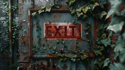 A retro-style exit sign is partially obscured by lush ivy on a deteriorating industrial door, hinting at nature reclaiming the site.