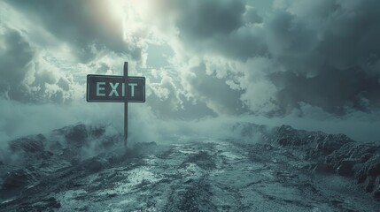 An exit sign stands alone on a desolate mountain path shrouded in mist, under a dramatic cloudy sky.