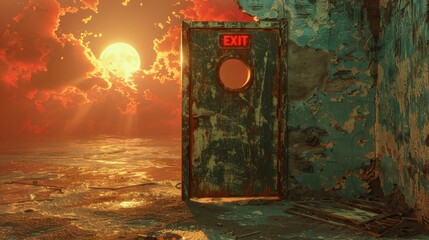 A solitary exit door stands on a desolate landscape, opening to an apocalyptic sky with a surreal, oversized sun setting into the sea.