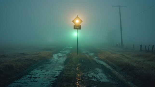 A lone 'Go' traffic signal emerges from the mist on a desolate rural road, its green light a ghostly beacon in the enveloping fog.