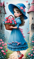 Charming Young Girl with Blue Frock and Hat Holding a Wooden Basket of Flowers"