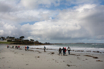 Groupe de randonneurs en bord de mer dans le Trégor - Bretagne France