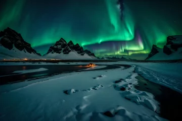 Cercles muraux Aurores boréales Amazing view of green aurora borealis shining in night sky over snowy mountain ridge with black sand stockness beach and vestrahorn mountain.
