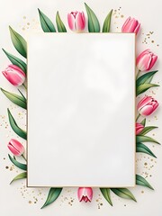 tulips frame with flowers,watercolour Invitation flower card mockup Card mockup with copy ,flower frame ,Birthday, Wedding, Mother's Day, Valentine's day, Women's Day. Front view