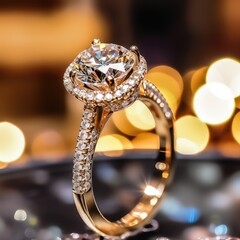 Gold Diamond Ring Closeup, Luxury Wedding Jewelry, Marriage Gift, Precious Brilliant Ring