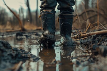 Child Feet in Dirty Puddle Close-Up, Small Rubber Boots in Mud, Mud Boosts Kids Immune System