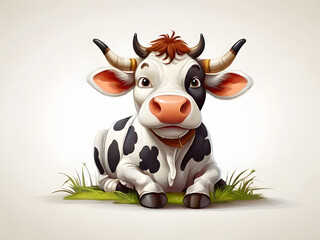 Happy black and white cartoon cow isolated on white background, cute farm animal illustration in vector art