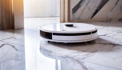 Close-up of a white wireless futuristic vacuum hoover cleaning machine robot on a white marble with reflection in a living room. Generative Ai.