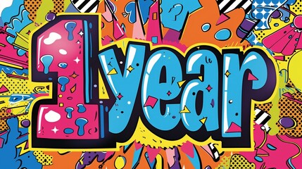 A Vibrant background with the word " 1 Year " on Abstract Graffiti pop style Typography commercial Background