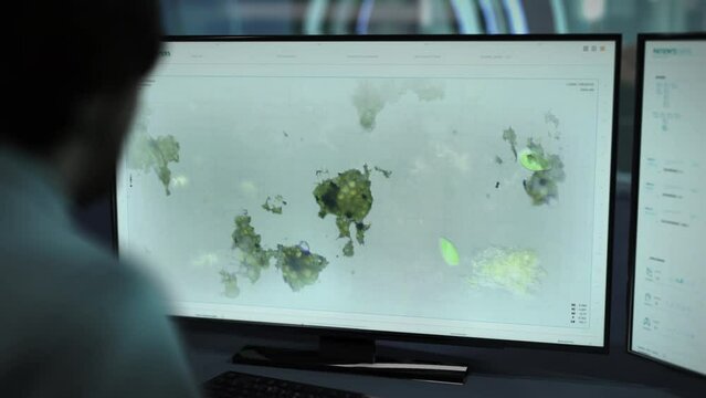 Scientific research of the infusoria organism at the laboratory. Examining the infusoria slippers cells for scientific research. Studying the infusoria paramecium bacteria for scientific research. UI.