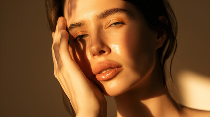 Obraz premium Portrait of Caucasian woman, close up shot of velvety, soft and smooth facial skin