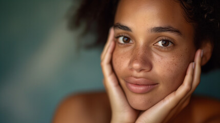 Portrait of biracial or mixed-race woman, close up shot of velvety, soft and smooth facial skin with freckles
