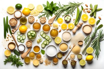 Homemade skin care with natural ingredients aloe vera, lemon, cucumber, himalayan salt, peppermint, rosemary, almonds, cucumber, ginger and honey pollen isolated on white background. - obrazy, fototapety, plakaty