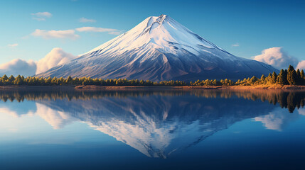 Volcanic mountain in morning light reflected in calm lake background