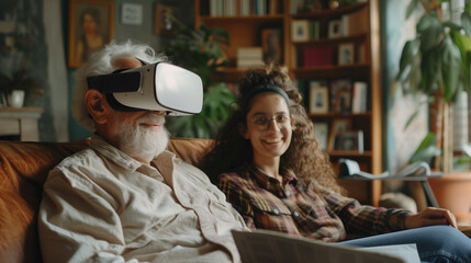 Elderly man with VR headset, young woman laughing.
