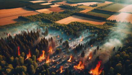 forest fire in a forest next to fields,top view, photo from the height of an airplane flight