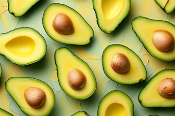 Sliced avocados on green surface, one half cut in half, other half cut into quarters