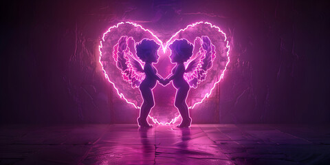 Glowing heart with glowing angels - obrazy, fototapety, plakaty