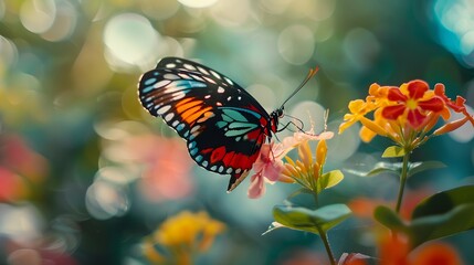 Fototapeta na wymiar monarch colourful butterfly feeding on flower floral background.