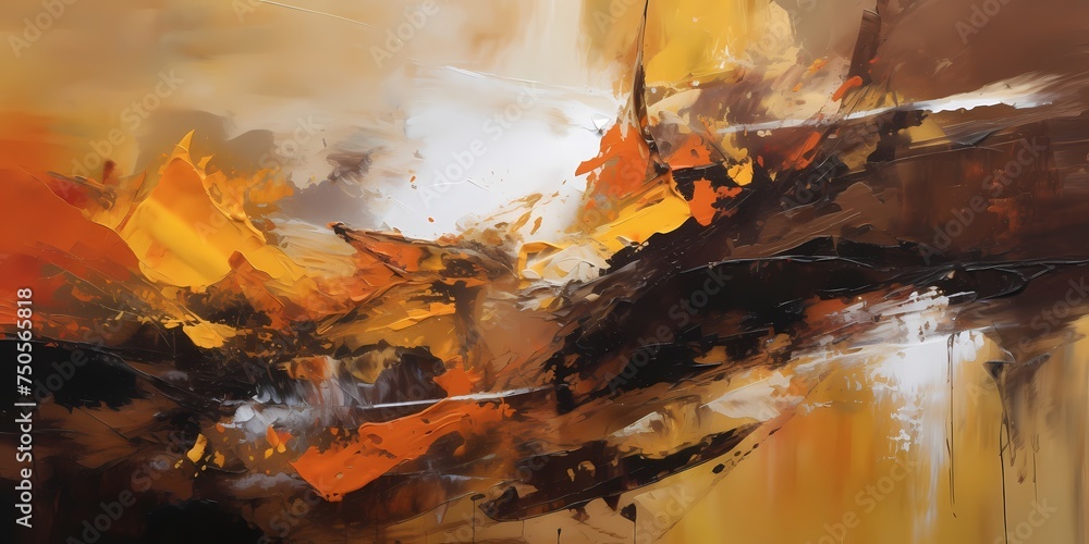 Poster bold strokes of honeyed amber and deep espresso dance across the canvas, echoing the dynamic interpl