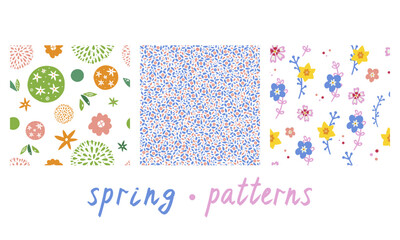 Cute floral pattern set with spring flowers and leafs. Seamless vector patterns, without background.