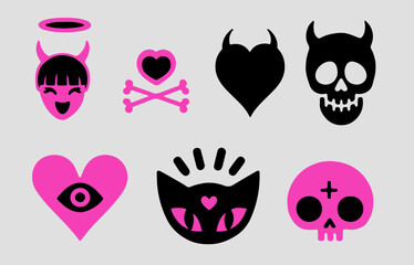 Set of cute girlish gothic ilustrations with hearts and skulls in black and pink for transfer tattoos and stickers. - obrazy, fototapety, plakaty