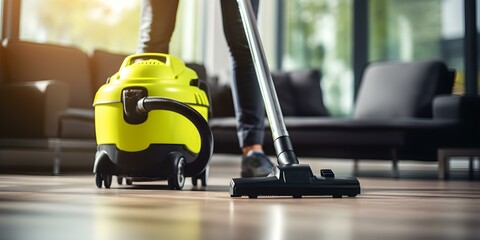 A professional female cleaner using a vacuum cleaner to tidy up a home. Concept Household cleaning, Maid service, Vacuum cleaning, Professional cleaner, Home maintenance