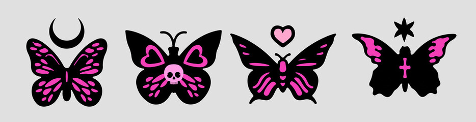 Set of butterfly illustrations in black and pink for transfer tattoos and stickers.