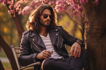 cool man with long hair - obrazy, fototapety, plakaty