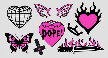 Trendy gothic stickers with hearts, a knife, a butterfly and other tattoo style elements. Set of vector illustrations in black and pink colors.