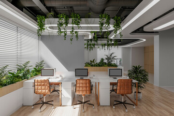 A modern open-plan office with abundant natural light, minimal interior - obrazy, fototapety, plakaty