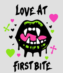Drawing of a black vampire lips and a hand-drawn inscription "love at first bite". Gothic contemporary style print for a t-shirt. 