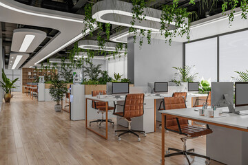 A modern open-plan office with abundant natural light, minimalist decor, and collaborative workstations alternate