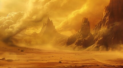 mystical desert landscape with golden mountains and sand dunes - obrazy, fototapety, plakaty