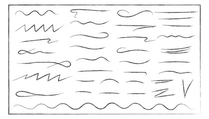 Grunge vector brushes, handwritten ink strokes. Set of handmade lines, brush underlines lines, underscores. A hand-drawn collection of various shapes in the doodle style.