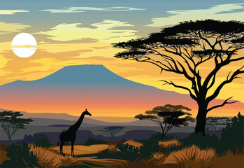 A majestic giraffe stands tall in front of a breathtaking mountain backdrop during a stunning sunset, surrounded by a serene natural landscape with grass, trees, and clouds in the sky