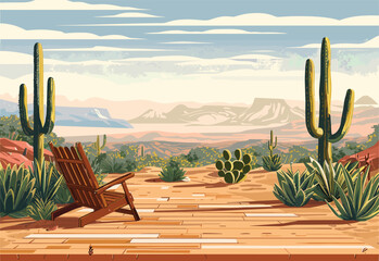 A wooden chair is placed amid a natural landscape of cactus and vegetation in the desert, under a vast sky with fluffy clouds above