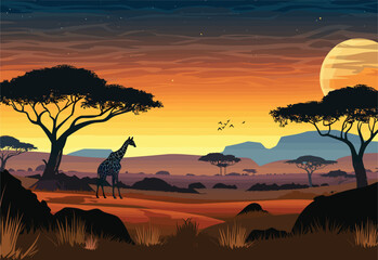 A giraffe is peacefully standing in the middle of a savannah, surrounded by tall grass and scattered trees, under the warm hues of the sunset sky