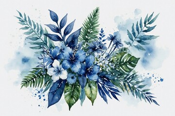 watercolor blue tropical wedding bouquet of flowers on white background